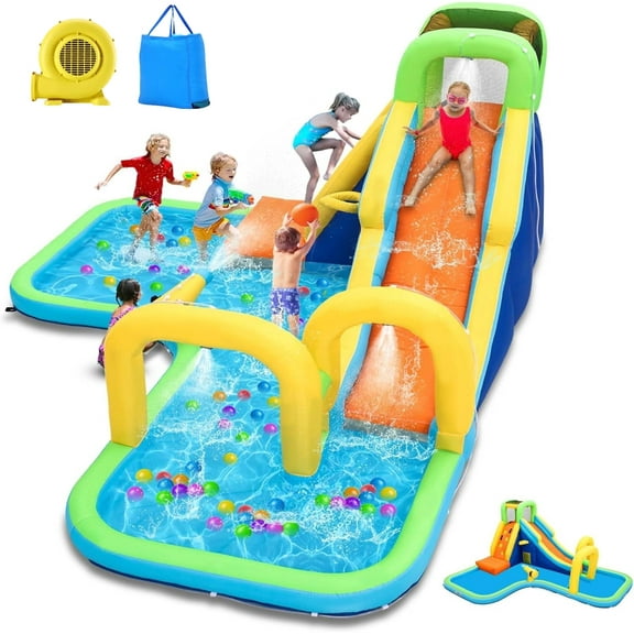 Adnoom Inflatable Water Slide with 480W Blower, Kids Bounce House with Slide, Climbing Wall, Basketball Hoop, Bouncy Castle with for Kids 3~8, Birthday, Party, Backyard, Indoor & Outdoor