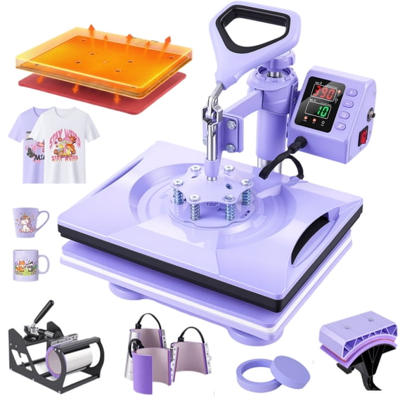 8-in-1 Heat Press for Heat Transfer Projects, 12"x15" Heat Press Machine, 360° Swing Away, Digital Shirt Press Machine, Purple