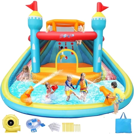 Adnoom 13.8FTx14.1FT Inflatable Pool Water Slide with Double Slides, Indoor Bounce House W/520W Blower,Jumpy House,climbing Wall&Water Cannon,Large Inflatable Water Park for Big Kids 3-10
