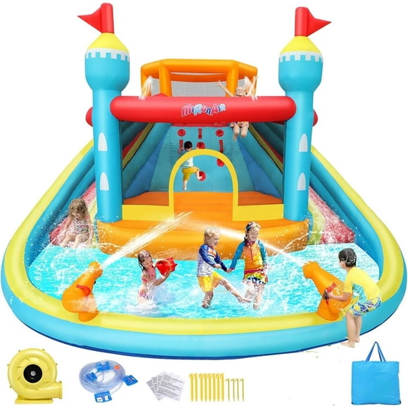 Adnoom 13.8FTx14.1FT Inflatable Pool Water Slide with Double Slides, Indoor Bounce House W/520W Blower,Jumpy House,climbing Wall&Water Cannon,Large Inflatable Water Park for Big Kids 3-10