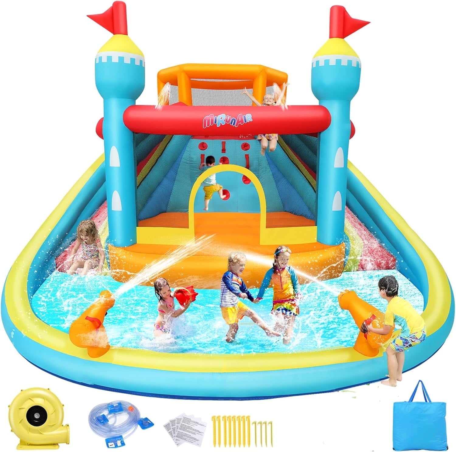 Adnoom 13.8FTx14.1FT Inflatable Pool Water Slide with Double Slides, Indoor Bounce House W/520W Blower,Jumpy House,climbing Wall&Water Cannon,Large Inflatable Water Park for Big Kids 2-10
