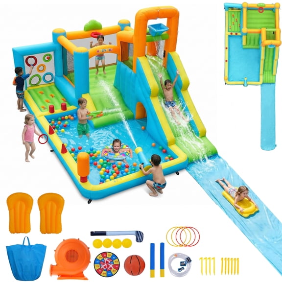 Adnoom 17-in-1 Inflatable Water Slide Bounce House for Kids 3-12, 16x11ft Large Golf Water Park with 16ft Detachable Slide, Splash Pool, Tunnel, Climbing, Jumper Castle Backyard w/550W Blower