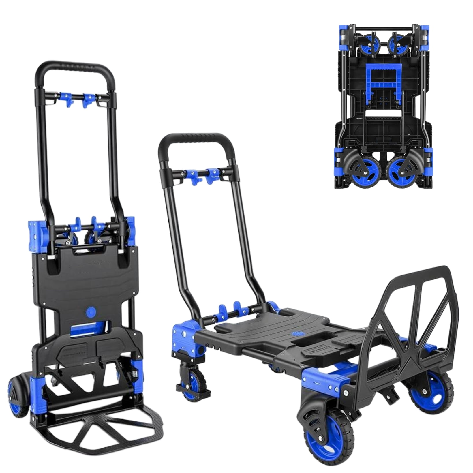 Adnoom 2-in-1 Folding Hand Truck Heavy Duty, 300 lbs Capacity Utility Cart with 4 Wheels, Retractable Handle Convertible Platform Dolly for Moving Boxes Furniture Luggage, Blue