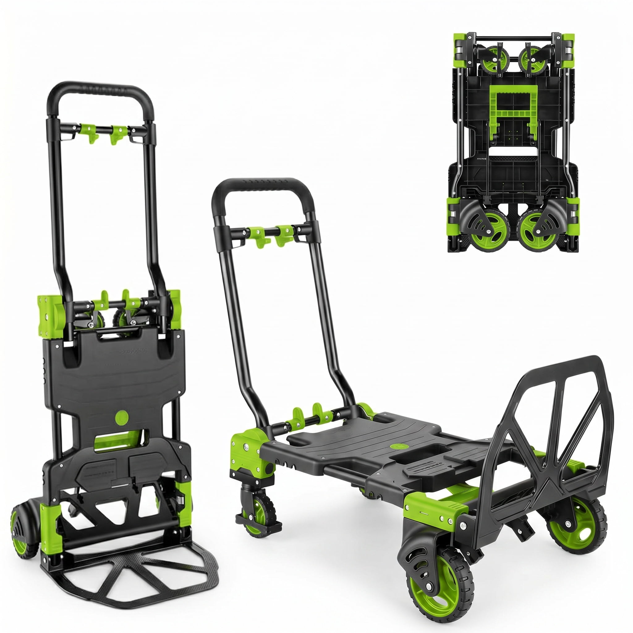 Adnoom 2-in-1 Folding Hand Truck Heavy Duty, 300 lbs Capacity Utility Cart with 4 Wheels, Retractable Handle Convertible Platform Dolly for Moving Boxes Furniture Luggage, Green