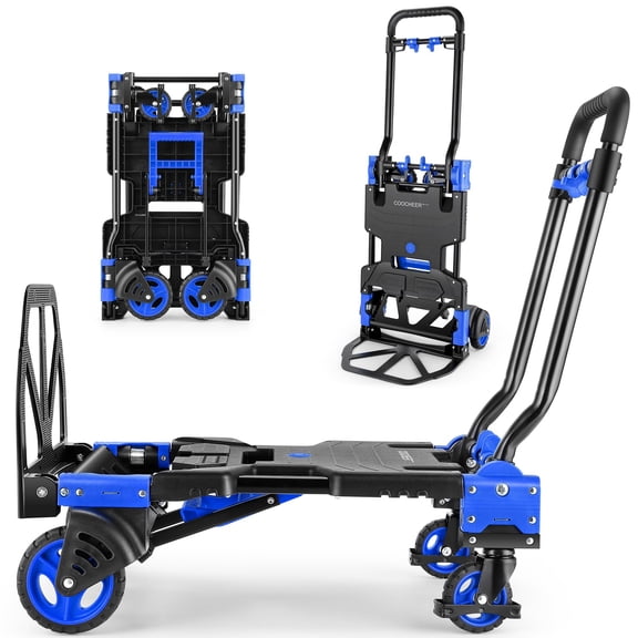 Adnoom 2-in-1 Folding Hand Truck Heavy Duty, 300 lbs Capacity Utility Cart with 4 Wheels, Retractable Handle Convertible Platform Dolly for Moving Boxes Furniture Luggage, Blue