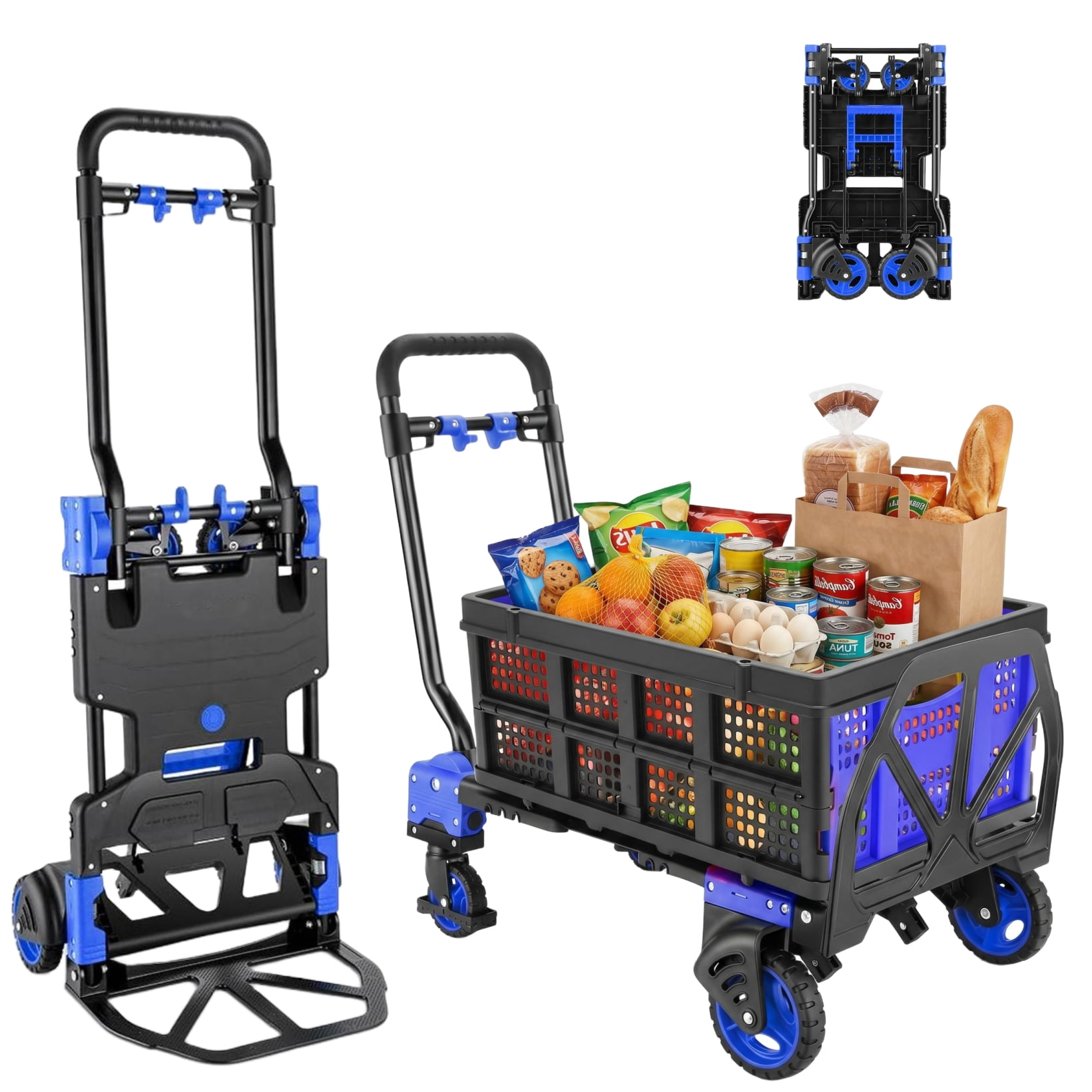 Adnoom 2-in-1 Portable Hand Truck with Retractable Handle & Storage Box, 300 lbs Folding Hand Cart Heavy Duty with 4 Wheels, Furniture Dolly for Moving, Blue