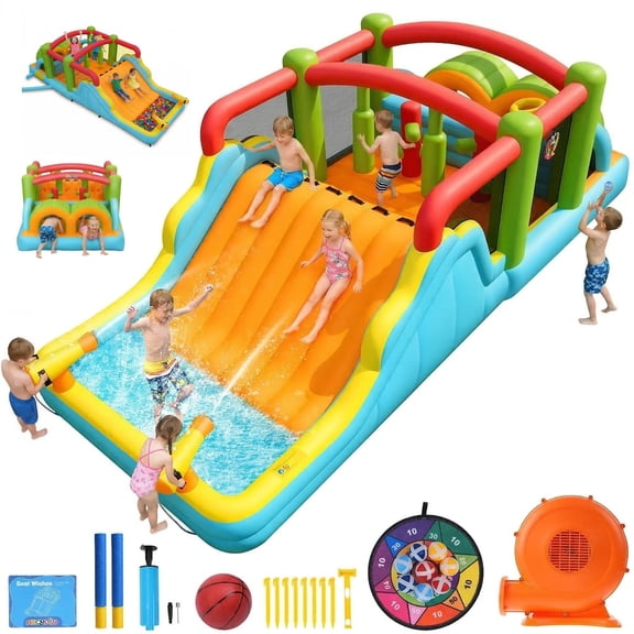 Adnoom 10in1 Water Slide Bounce House for Big Kids 3-12, 20FT Large Obstacle Bouncy House w/Splash Pool and Wide Slide, Adventure Water Park w/550W Blower, Water Cannon for Backyard Park