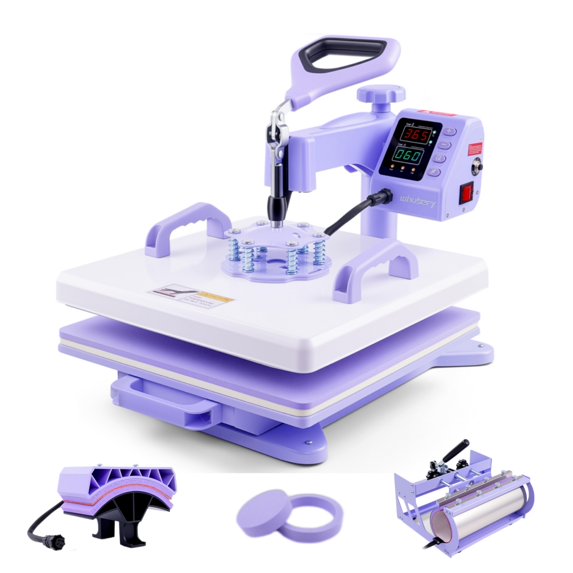 Adnoom 5 in 1 Heat Press Machine 15x15, 1200W Digital Heat Press, Slide Out Design, 360° Rotation, Heat Transfer Machine for Tshirt Plate Cap Mug, Purple