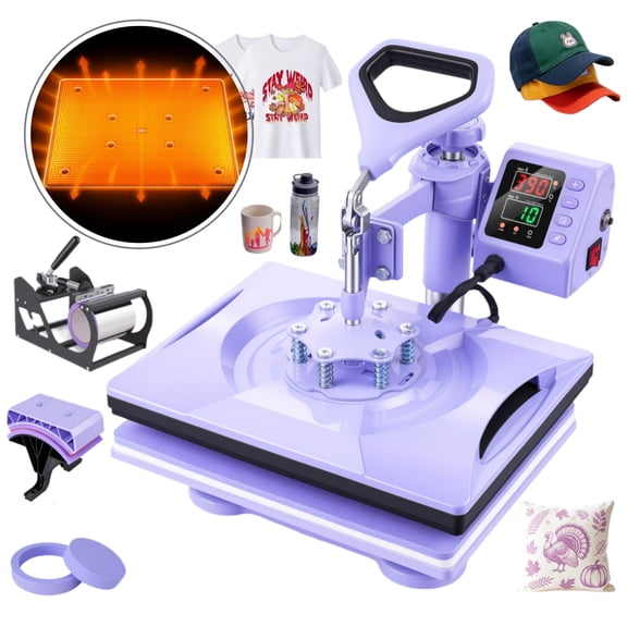 Adnoom 5 in 1 Heat Press 12x15, 360° Swing Away Heat Press Machine, Digital Shirt Press Machine for Mug Hat Plate Cap, Purple