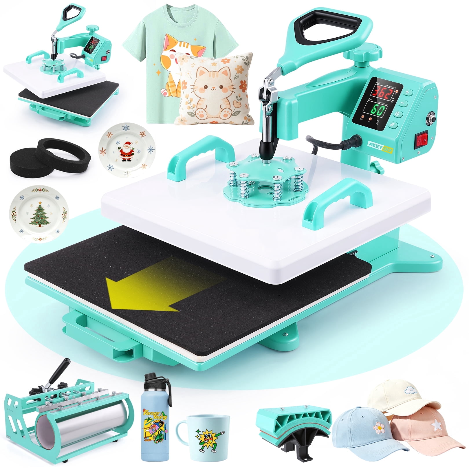 Adnoom Heat Press 15x15, 5 in 1 Multifunctional Shirt Press Machine Combo, 360° Swing Away Sublimation Heat Transfer with LED Display for T-shirts Mugs Hat Plate Cap, Green