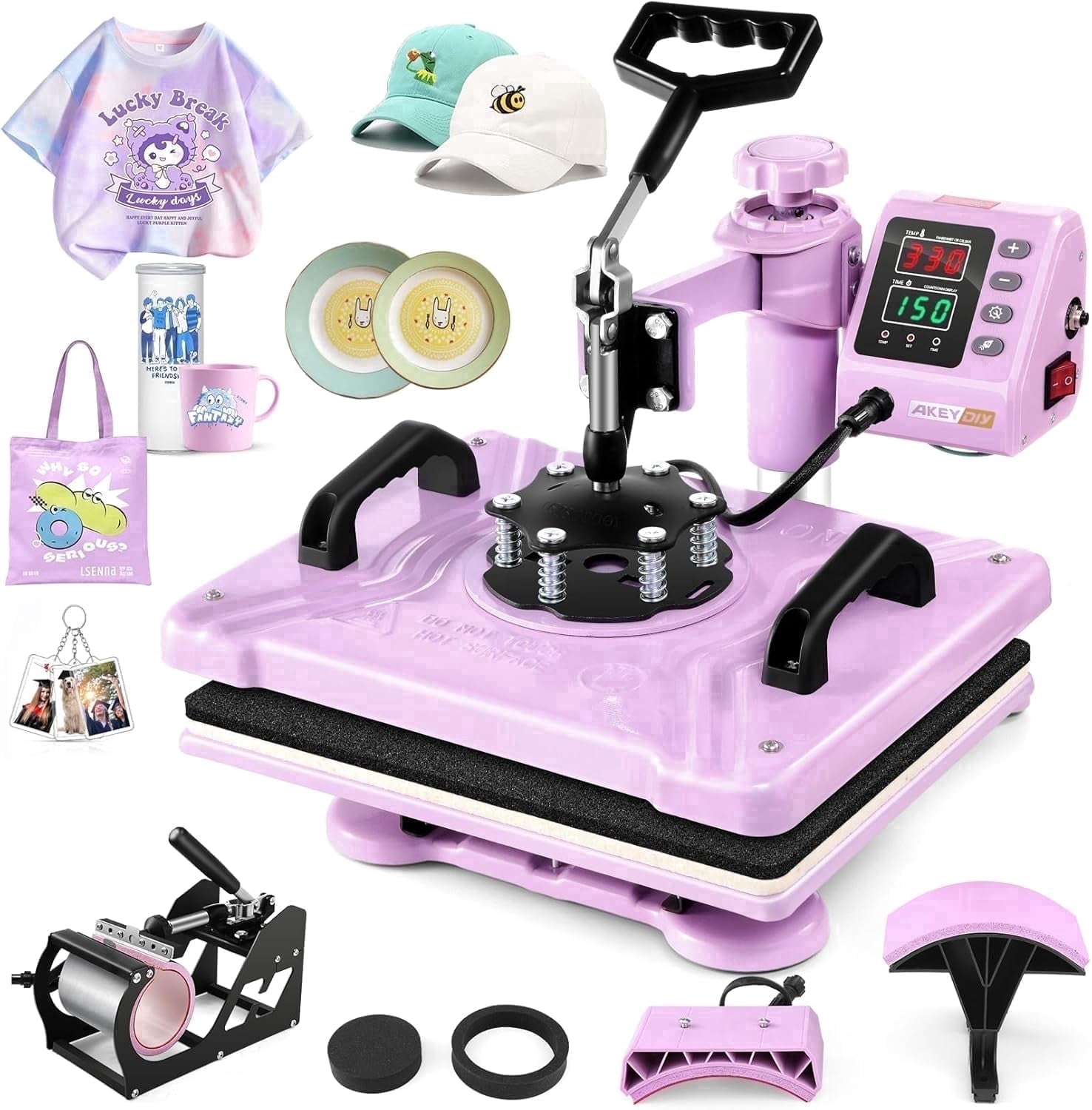Adnoom 5 in 1 Heat Press Machine Combo,360°Swing Away Sublimation Heat Transfer 15"x12", Digital shirt Press Machine for Hat Cap Mug Plate,Pink Purple