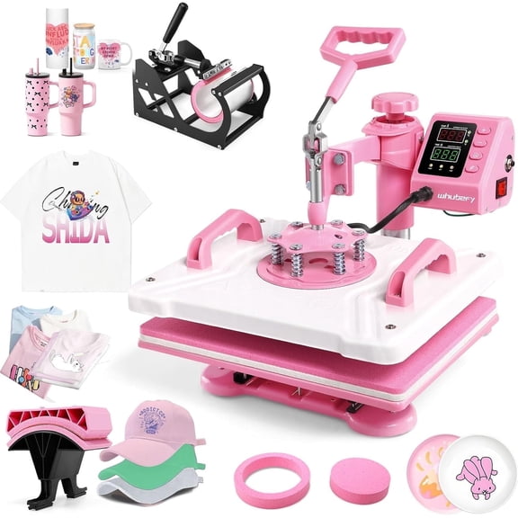 Adnoom 5 in 1 Heat Press Machine Combo,360°Swing Away Sublimation Heat Transfer 15"x12", Digital shirt Press Machine for Hat Cap Mug Plate,Pink