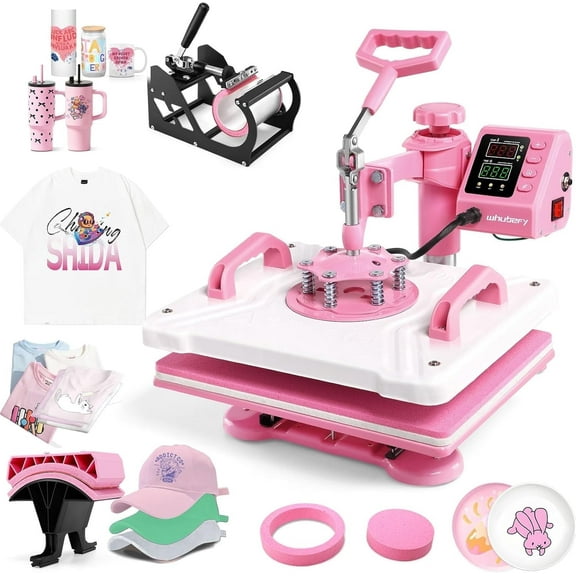 Adnoom 5 in 1 Heat Press Machine Combo,360°Swing Away Sublimation Heat Transfer 15"x12", Digital shirt Press Machine for Hat Cap Mug Plate,Pink