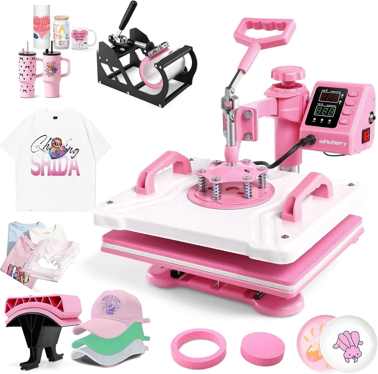 Adnoom 5 in 1 Heat Press Machine Combo,360°Swing Away Sublimation Heat Transfer 15"x12", Digital shirt Press Machine for Hat Cap Mug Plate,Pink