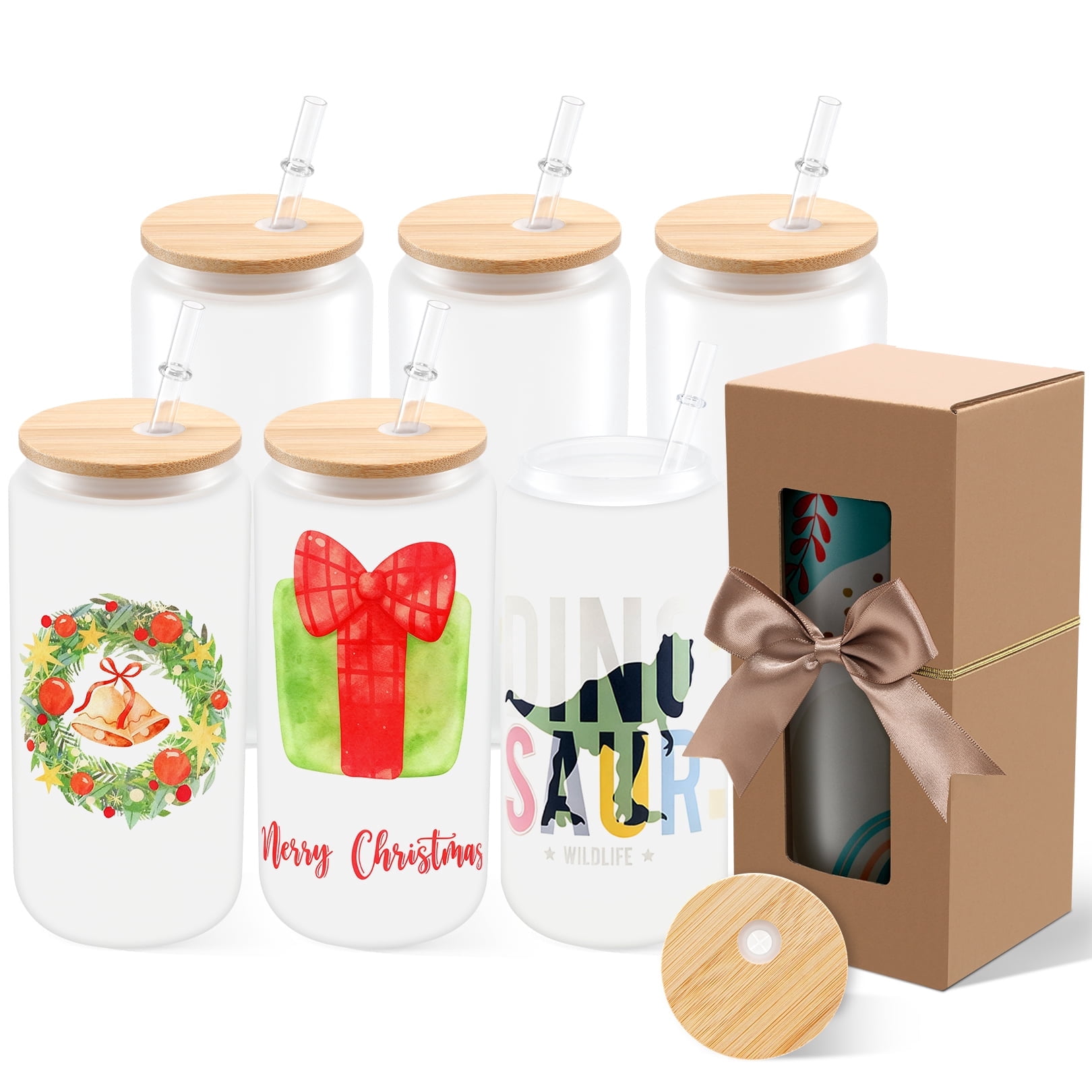 Adnoom 6 Pack Sublimation Tumblers, 20oz Sublimation Glass Blanks w/ Bamboo Lid, Frosted Glass Cup for Iced Coffee Juice Soda Drinks DIY Gifts