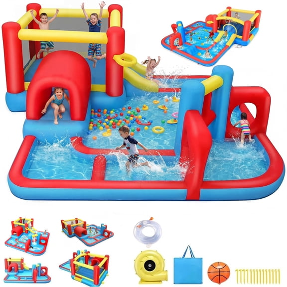 Adnoom 7 in1 Inflatable Water Slide Park for Kids 3~8 Years, Indoor/Outdoor Obstacle Course Bounce House Splash Pool with 520W Blower, Slide,BasketBall Hoop,Jumping Area Wet & Dry Bouncy Castle