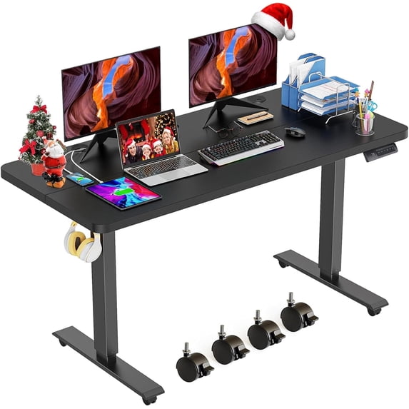 Adnoom 48″X24″ Electric Standing Desk, Metal Frame Height Adjustable Standing Desk Converter w/Large Mouse Pad, Sit Stand Computer Desk Home Office Desk with Lockable Wheels