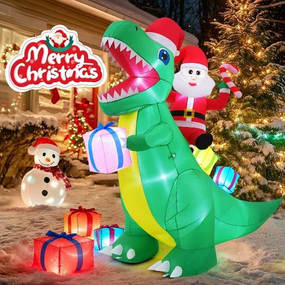 Adnoom 7FT Christmas Inflatables Santa Claus Riding Dinosaur with Built-in LEDs, Outdoor Decorations for Xmas Party Garden Yard, Christmas Blow Up with Gift Box for Indoor and Outdoor