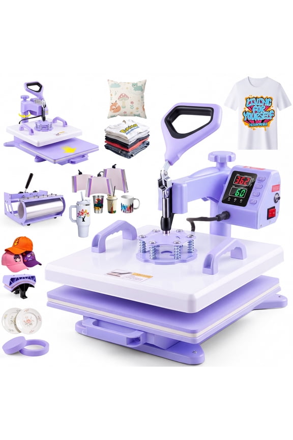 8 in 1 Heat Press, 15x15 Heat Press Machine, Slide Out Sublimation Heat Transfer with LED Display for T-shirt Mug Hat Plate Cap, Purple
