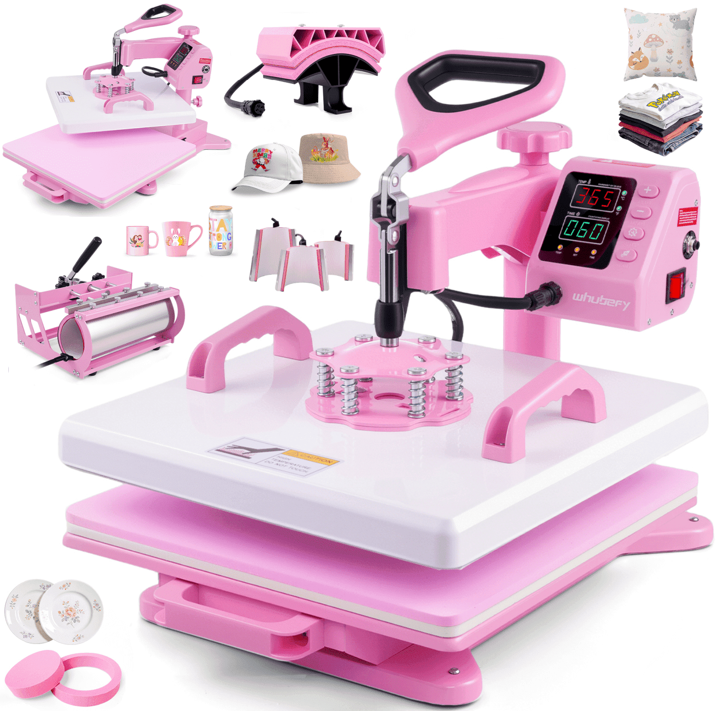 Adnoom Heat Press 15x15, 8 in 1 Multifunctional Shirt Press Machine Combo, 360° Swing Away Sublimation Heat Transfer with LED Display for T-shirts Mugs Hat Plate Cap, Pink