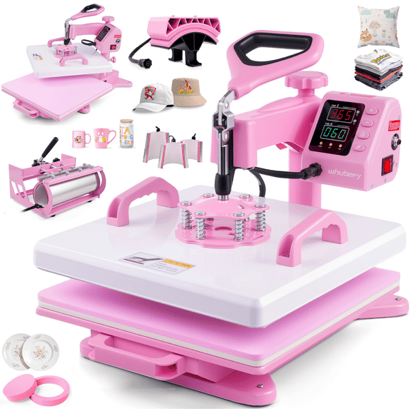 Adnoom Heat Press 15x15, 8 in 1 Multifunctional Shirt Press Machine Combo, 360° Swing Away Sublimation Heat Transfer with LED Display for T-shirts Mugs Hat Plate Cap, Pink