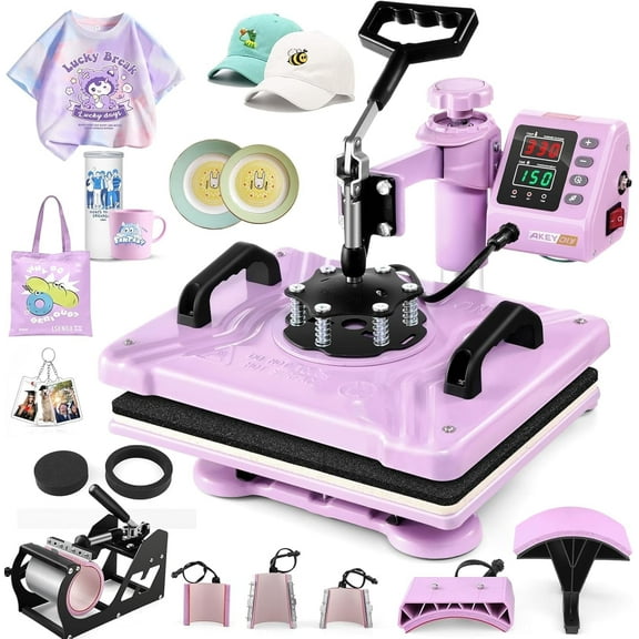 Adnoom 8 in 1 Heat Press Machine Combo,360°Swing Away Sublimation Heat Transfer 15"x12", Digital shirt Press Machine for Hat Cap Mug Plate,Pink Purple