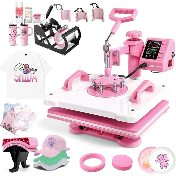 Adnoom 8 in 1 Heat Press Machine Combo, 15"x12" Sublimation Heat Transfer, 360°Swing Away, Digital shirt Press Machine for Hat Cap Mug Plate,Pink