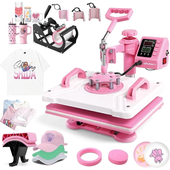 Adnoom 8 in 1 Heat Press Machine Combo,360°Swing Away Sublimation Heat Transfer 15"x12", Digital shirt Press Machine for Hat Cap Mug Plate,Pink