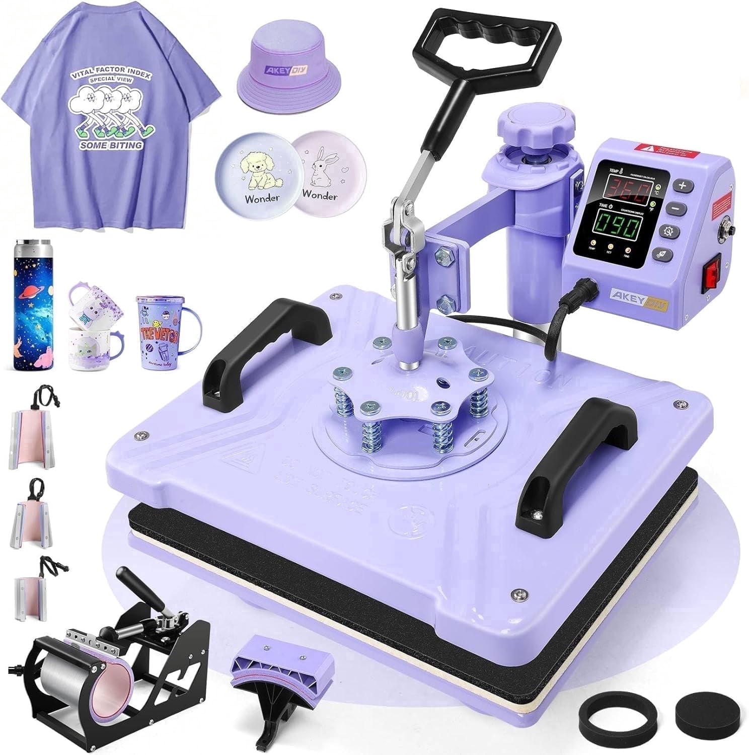 Adnoom 8 in 1 Heat Press Machine Combo, 15"x12" Sublimation Heat Transfer, 360°Swing Away, Digital shirt Press Machine for Hat Cap Mug Plate,Purple