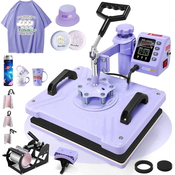 Adnoom 8 in 1 Heat Press Machine Combo, 15"x12" Sublimation Heat Transfer, 360°Swing Away, Digital shirt Press Machine for Hat Cap Mug Plate,Purple