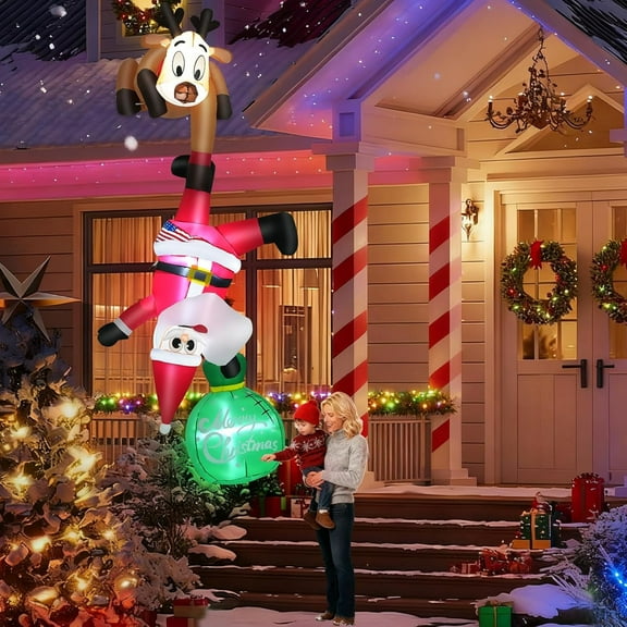 Adnoom 8FT Christmas Inflatables Santa Outdoor Decoration, Santa Claus with Reindeer Hanging Built-in LED Lights Inflatables, Chirtsmas Blow Ups Holiday Inflatables for Xmas Garden Decor