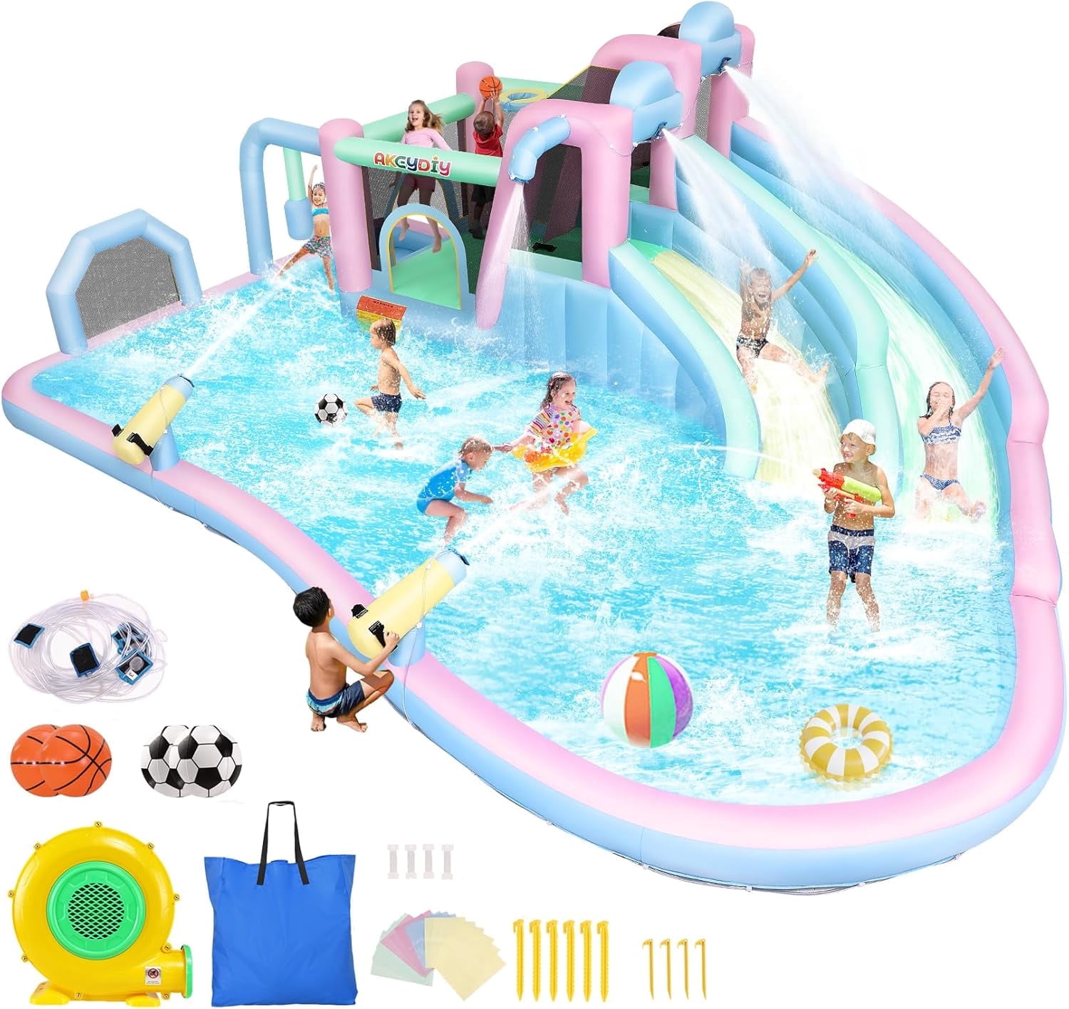 Adnoom Inflatable Water Slide with 2 Long Slide&Large Splash Pool,21ftx15ft Giant Water Park w/950W Blower for Big Kids 3~10,Wet&Dry Bounce House W/Jumping Area, Basketball Hoop,Water Gun,Soccer Goal
