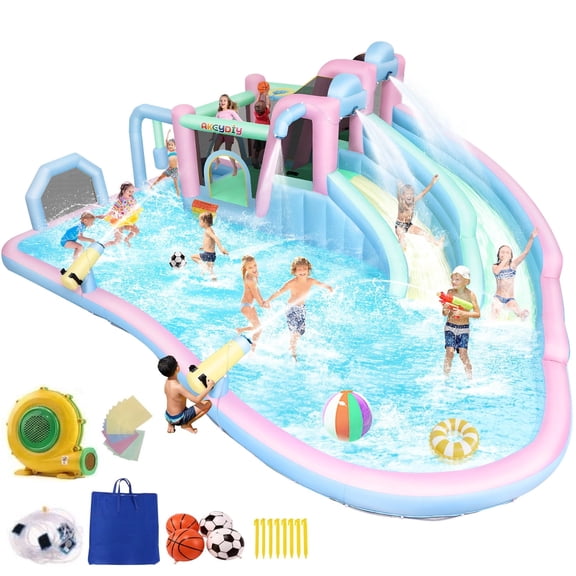 Adnoom Inflatable Water Slide with 2 Long Slide&Large Splash Pool,21ftx15ft Giant Water Park w/950W Blower for Big Kids 3~10,Wet&Dry Bounce House W/Jumping Area, Basketball Hoop,Water Gun,Soccer Goal