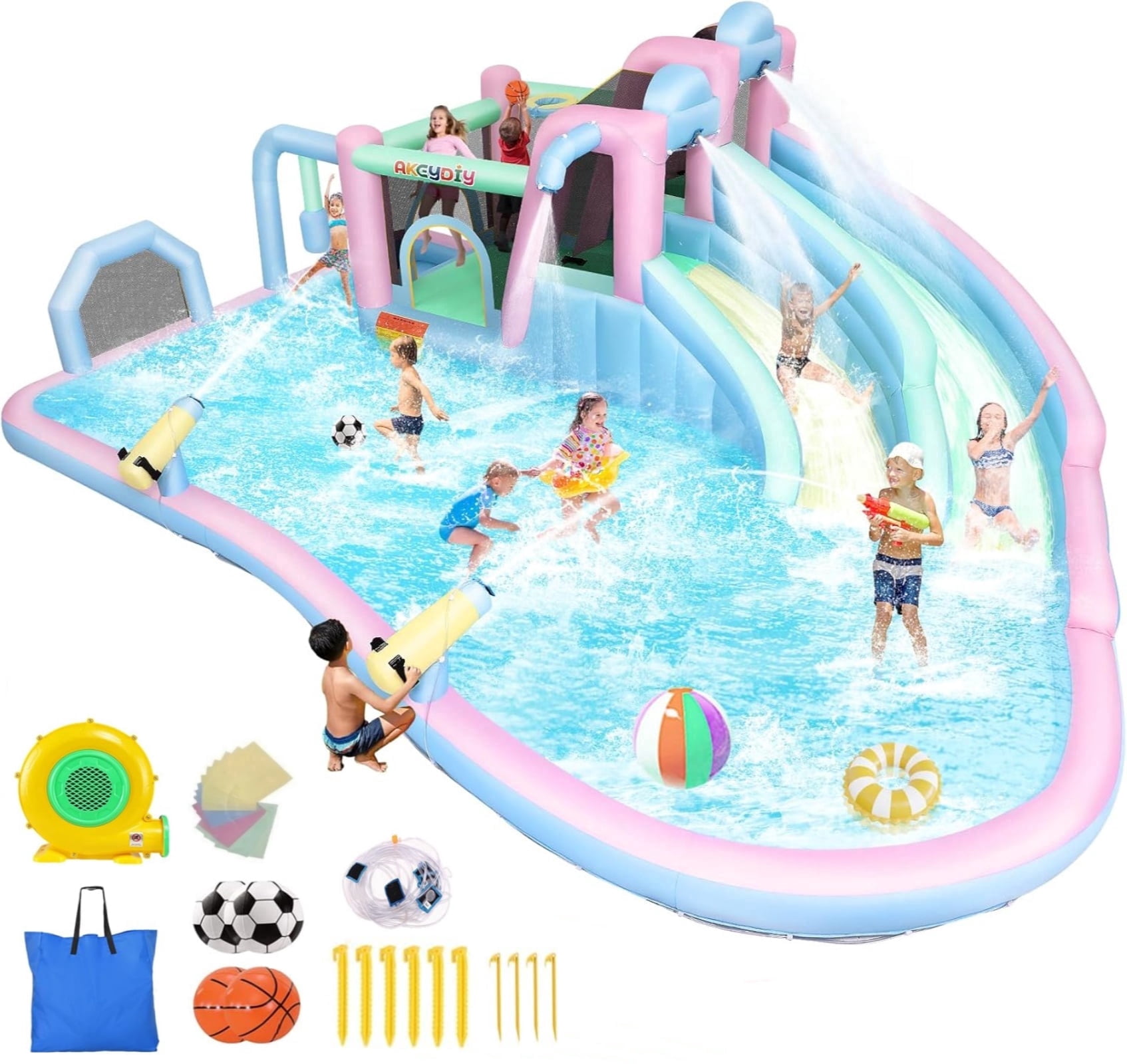 Adnoom Inflatable Water Slide with 2 Long Slide&Large Splash Pool,21ftx15ft Giant Water Park w/950W Blower for Big Kids 3~10,Wet&Dry Bounce House W/Jumping Area, Basketball Hoop,Water Gun,Soccer Goal