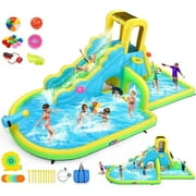 Adnoom Inflatable Water Slide Park with 480W Blower,Indoor Outdoor Mega Bounce House,Kids Jumping Castle with Large Pool,Slides, Climbing Wall,Basketball Hoop,Water Gun,Sprinkler, Various Toys