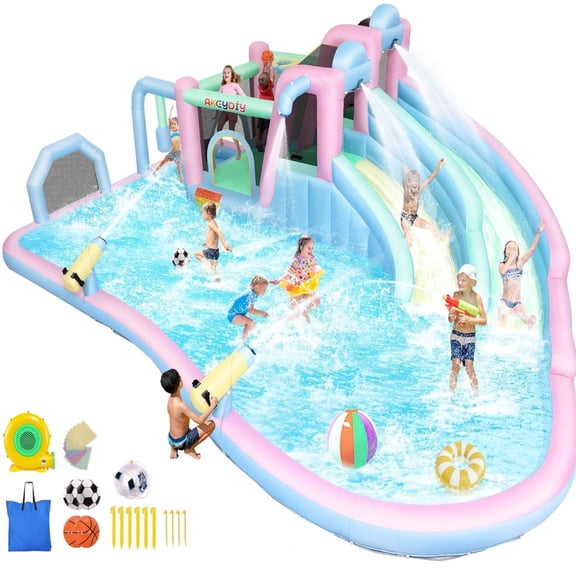 Adnoom Inflatable Water Slide with 2 Long Slide&Large Splash Pool,21ftx15ft Giant Water Park w/950W Blower for Big Kids 3~10,Wet&Dry Bounce House W/Jumping Area, Basketball Hoop,Water Gun,Soccer Goal
