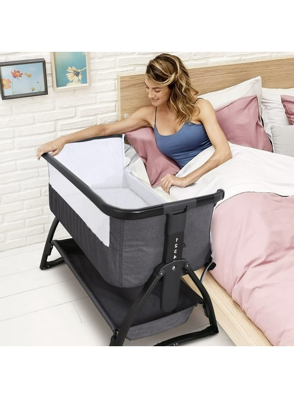 Adnoom Baby Bassinet Bedside Sleeper, Baby Bed to Babies Cradle, Adjustable 7-Level Height Portable Bed for Newborn/ Infant/ Baby Boy/ Baby Girl (Light Gray)