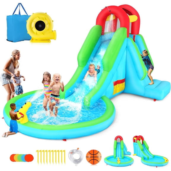 Adnoom Bounce House with 322W Blower, Water Slide with Large Pool/Ball Pit, Inflatable Bounce House with Water Cannon, Climbing Wall, Bouncing Castle for Kids 3-10 Backyard, Party, Gift