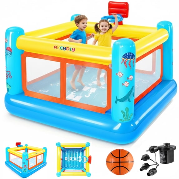 Adnoom Bounce House for Kids 3-6, PVC Inflatable Bounce House with Basketball Hoop, Indoor Bouncy House with Blower, Outdoor Jumping Castle with Game Map & Basketball