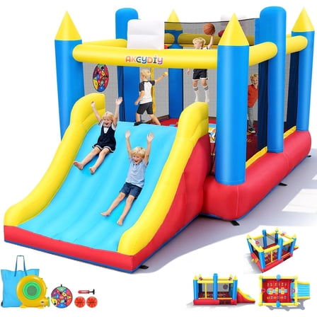 Adnoom Inflatable Bounce House for Big Kids 3~12, 15'x8' Large Bouncy House with 480w Blower, Indoor outdoor Commercial Jumping Castle with Wide Slide&2 Basketball Hoop for Party Backyard