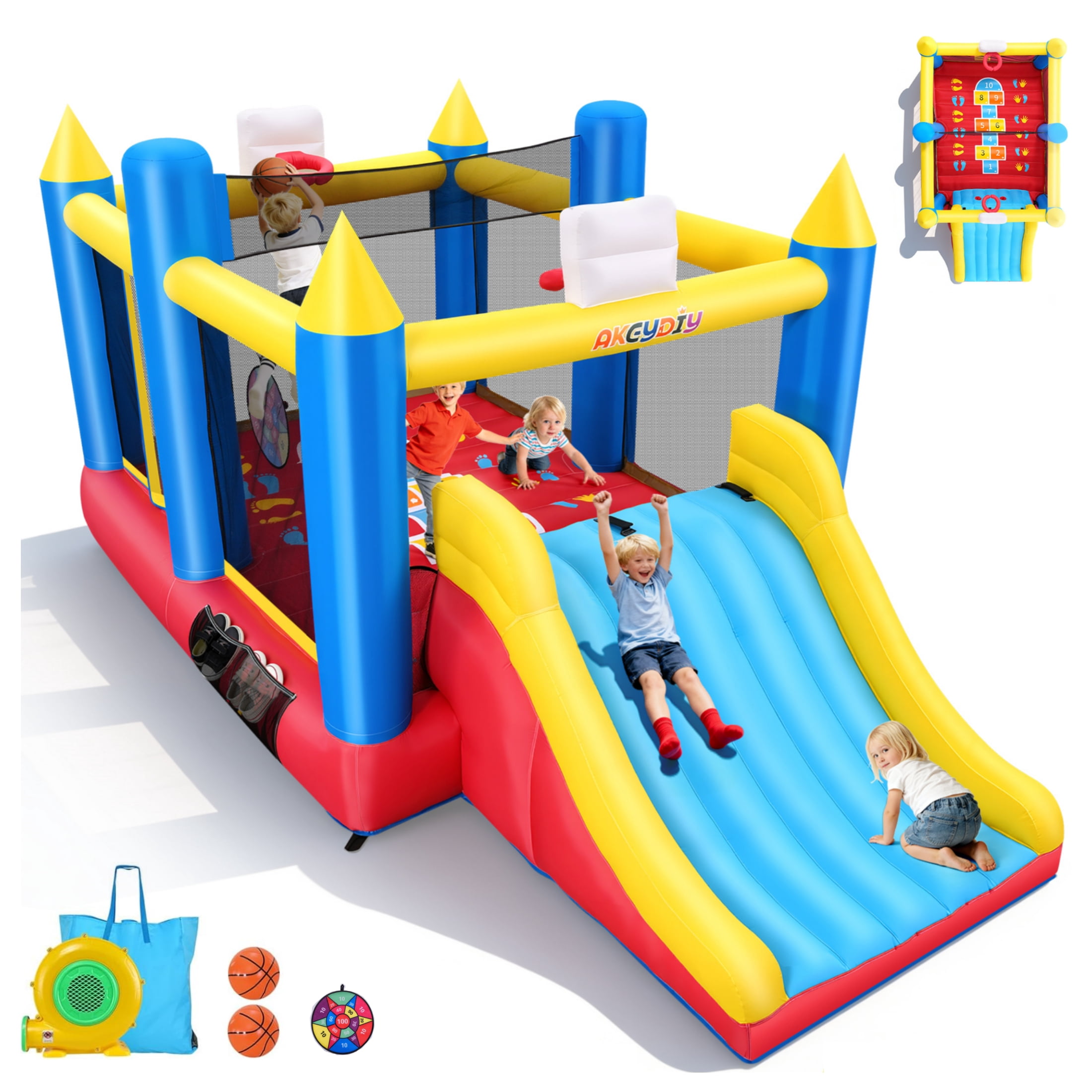 Adnoom Inflatable Bounce House for Big Kids 3~12, 15'x8' Large Bouncy House with 480w Blower, Indoor outdoor Commercial Jumping Castle with Wide Slide&2 Basketball Hoop for Party Backyard