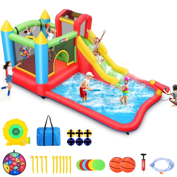 Adnoom Bounce House for Kids 3-12, Water Slide with 370W Blower, Jumping Castle with Ball Pit/Large Pool, Slide, Climbing Wall, Basketball Hoop, Bouncy Castle for Party, Backyard, Indoor/Outdoor