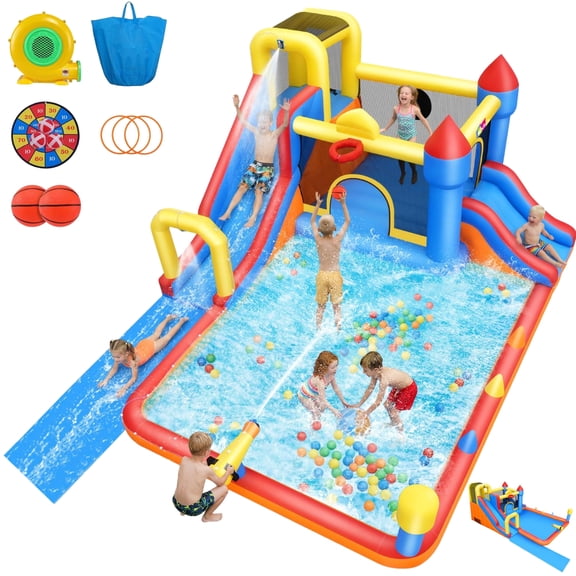 Adnoom Inflatable Water Slide, 12-in-1 Water Park Bounce House for Big Kids, Outdoor Bouncy House with Dual Slides, Big Splash Pool, Water Cannon for Backyard/Party, Jumping Castle with 550W Blower