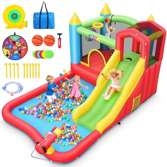 Adnoom Bounce House for Kids 3-12, Water Slide with 370W Blower, Jumping Castle with Ball Pit/Large Pool, Slide, Climbing Wall, Basketball Hoop, Bouncy Castle for Party, Backyard, Indoor/Outdoor