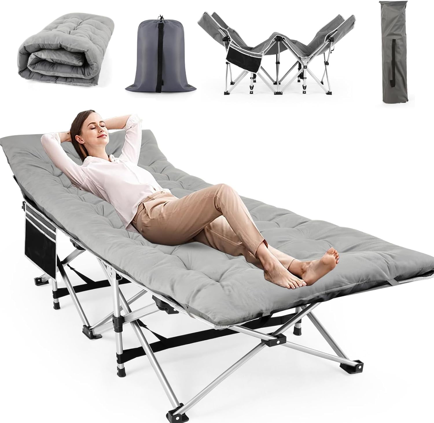 Adnoom Camping Bed Cot with Mattress, 75" x 28" Folding Sleeping Cot