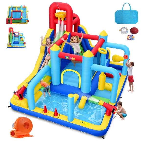 Adnoom Inflatable Water Slide w/550W Blower,Obstacle Bouncy House for Kids 3~10, Wet&Dry Backyard Bounce House w/Jumping Area,Pool,Slide,Climbing Wall,Water Gun, Basketball Hoop