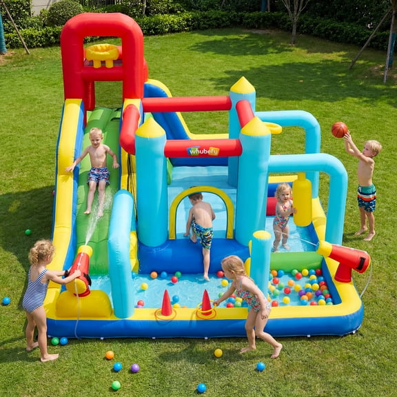 Adnoom 7 in1 Inflatable Water Slide Bounce House w/550W Blower,Obstacle Bouncy House for Kids 3~10, Backyard Water Park w/Jumping Area,Pool,Slide,Climbing Wall,Water Gun, Basketball Hoop,Wet&Dry