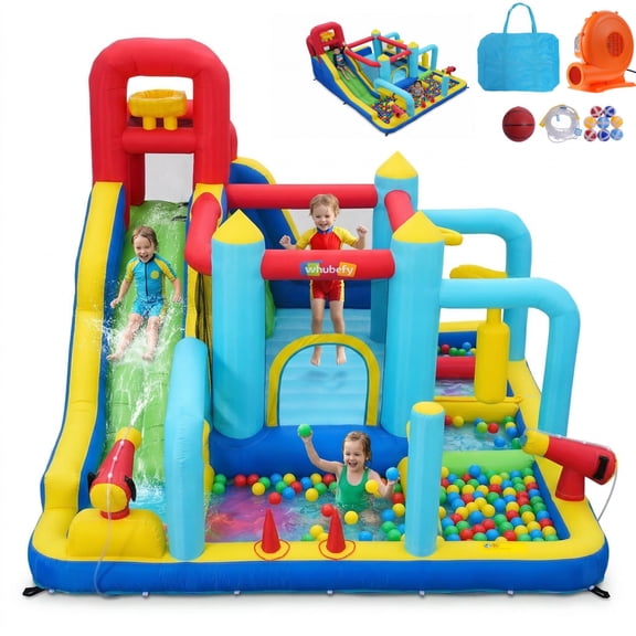 Adnoom Inflatable Water Slide w/550W Blower,Obstacle Bouncy House for Kids 3~10, Wet&Dry Backyard Bounce House w/Jumping Area,Pool,Slide,Climbing Wall,Water Gun, Basketball Hoop