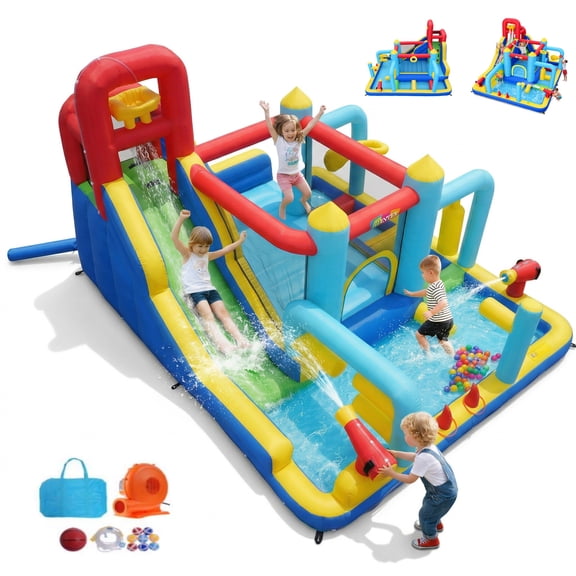 Adnoom Inflatable Water Slide w/550W Blower,Obstacle Bouncy House for Kids 3~10, Wet&Dry Backyard Bounce House w/Jumping Area,Pool,Slide,Climbing Wall,Water Gun, Basketball Hoop