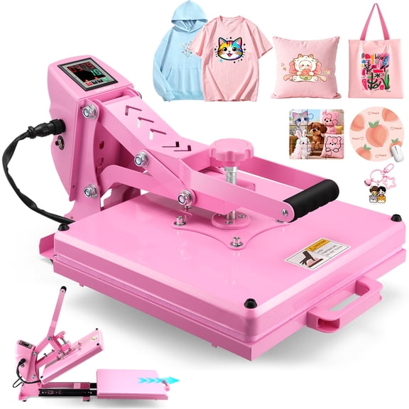 Adnoom Clamshell Heat Press 15x15 with Slide Out Design, Industrial-Quality Sublimation Press with Dual Tube Heating System, Digital Heat Transfer Machine for T-shirt, Mouse Pad, Pillows, Pink